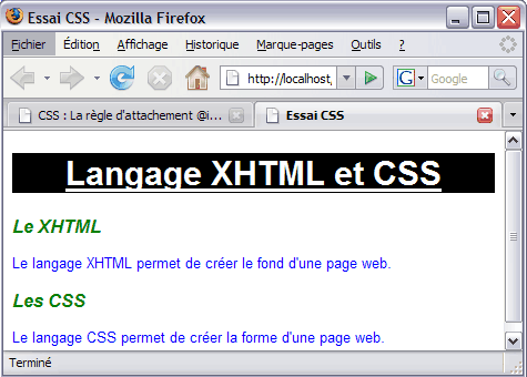 aperçu du document XHTML avec une feuille de style CSS